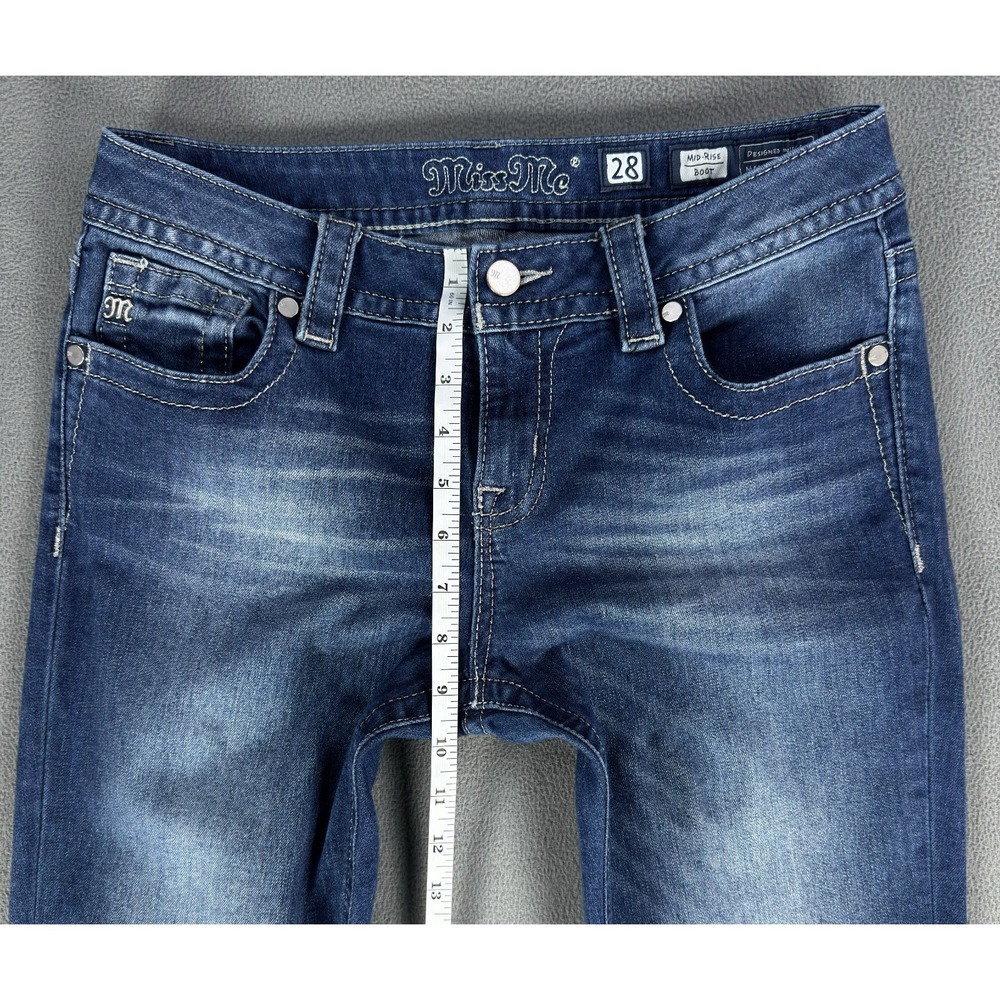 Miss Me Jeans Womens 28 Blue Mid Rise Boot Distressed Whiskered Y2K Cowgirl - Picture 9 of 12